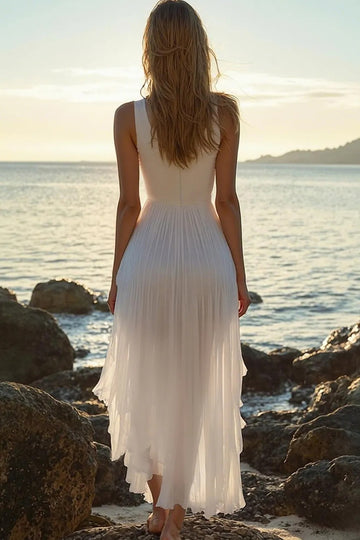 White Deep V-Neck High Low Chiffon Beach Engagement Dress